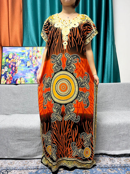 Abayas For Women 2024 New Print Appliques Cotton Traditional Kanga Clothing Loose Femme Robe African Ngeria Dresses With Turban