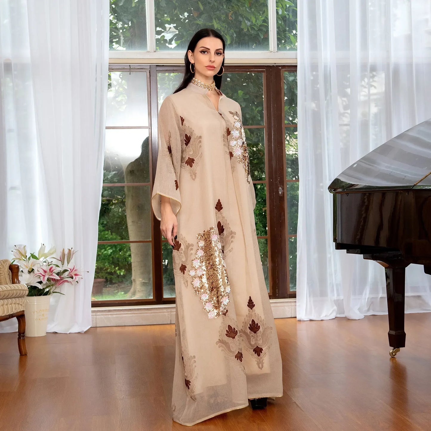 Kaftan Muslim Abaya Clothes for Muslim Women Summer Fashion Muslim Women Long Sleeve V-neck Sequin Long Maxi Dress Dubai Abaya