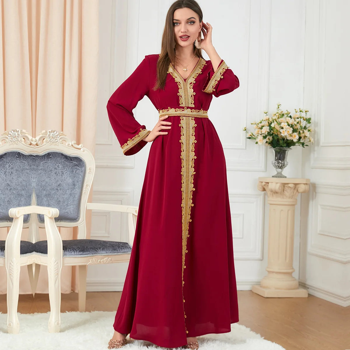 Muslim Women's Clothing, Solid Color Patchwork Basic Style, Loose Embroidery, Long Skirt, Dress, Long-Sleeved Dress