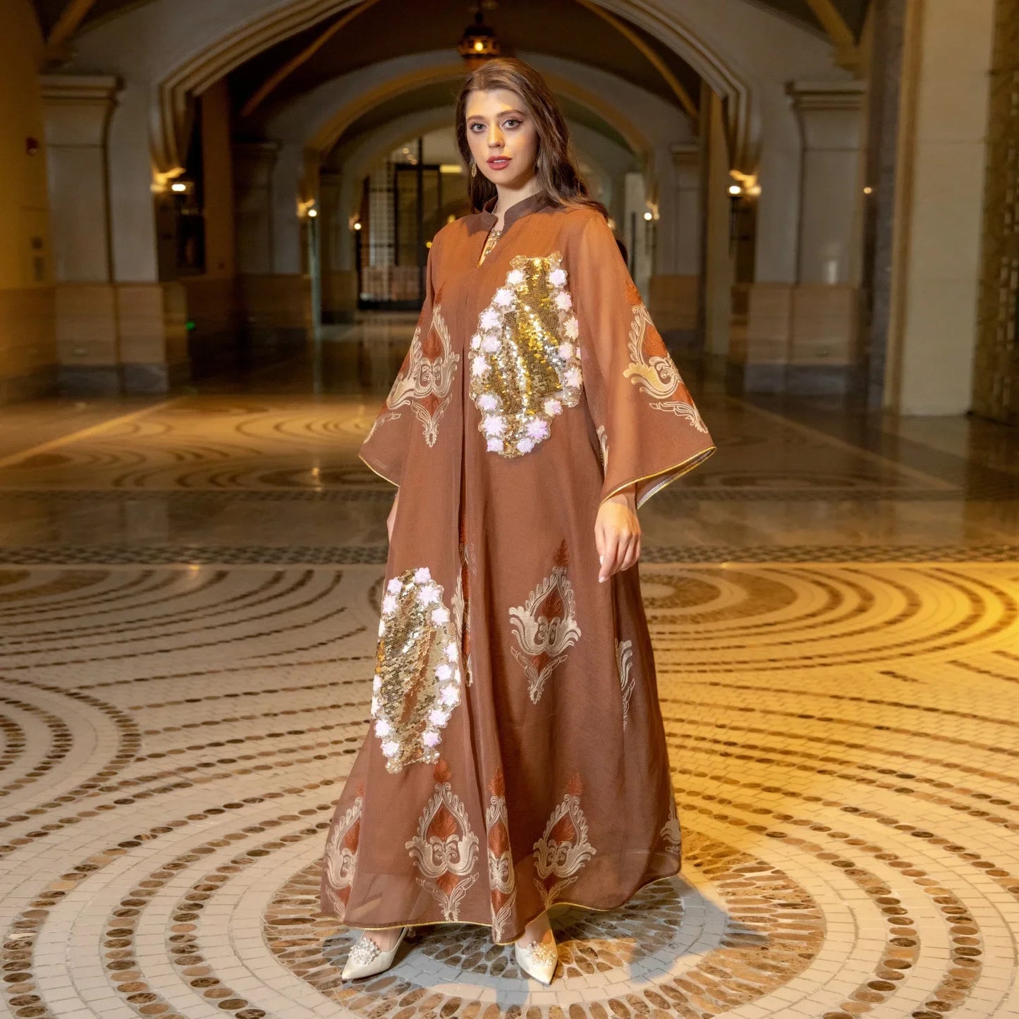 Kaftan Muslim Abaya Clothes for Muslim Women Summer Fashion Muslim Women Long Sleeve V-neck Sequin Long Maxi Dress Dubai Abaya