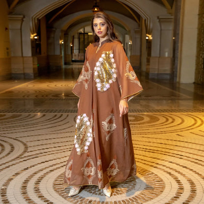 Kaftan Muslim Abaya Clothes for Muslim Women Summer Fashion Muslim Women Long Sleeve V-neck Sequin Long Maxi Dress Dubai Abaya