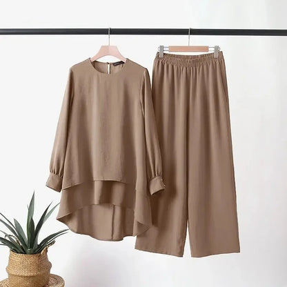 Women Muslim 2 Piece Set Blouse Double Top Wide Leg Pants Suit Morocco Ramadan Casual Ensemble Dubai Arab Trousers Outfits