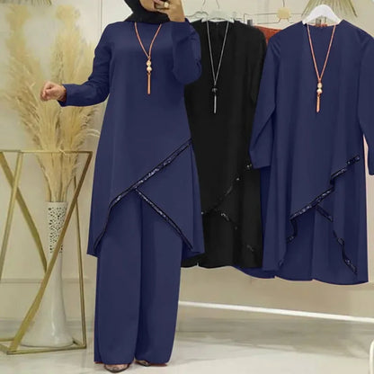 Muslim Two-Piece Set for Women, Long Sleeved Shirt, O-Neck Shirt, Wide Leg Pants, Casual, Luxury, Spring and Autumn