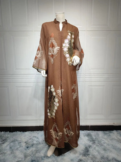 Kaftan Muslim Abaya Clothes for Muslim Women Summer Fashion Muslim Women Long Sleeve V-neck Sequin Long Maxi Dress Dubai Abaya