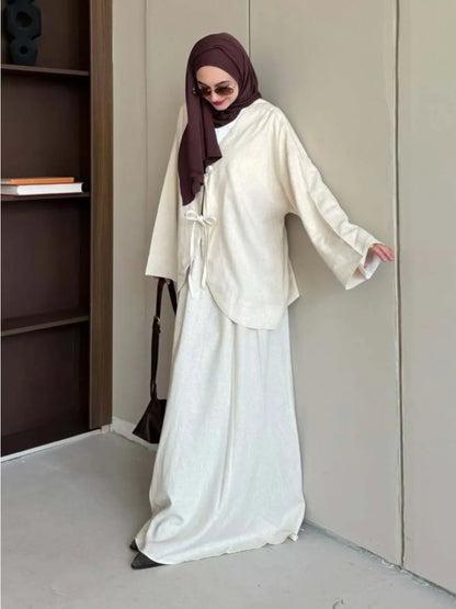 Muslim Two Piece Set Women Lace-up Shirt Skirt Suits Ramadan Morocco Dubai Long Skirts Islam Outfits Jalabiya Musulman Ensemble