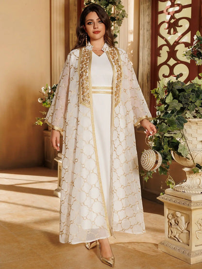 Muslim Dresses 2 Piece Sets for Women Moroccan Kaftan Embroidery Jalabiya Ramadan Dubai Open Abayas Islam Vestidos Cardigan Robe