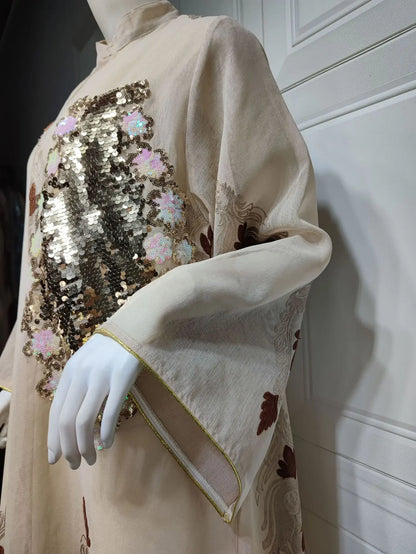 Kaftan Muslim Abaya Clothes for Muslim Women Summer Fashion Muslim Women Long Sleeve V-neck Sequin Long Maxi Dress Dubai Abaya