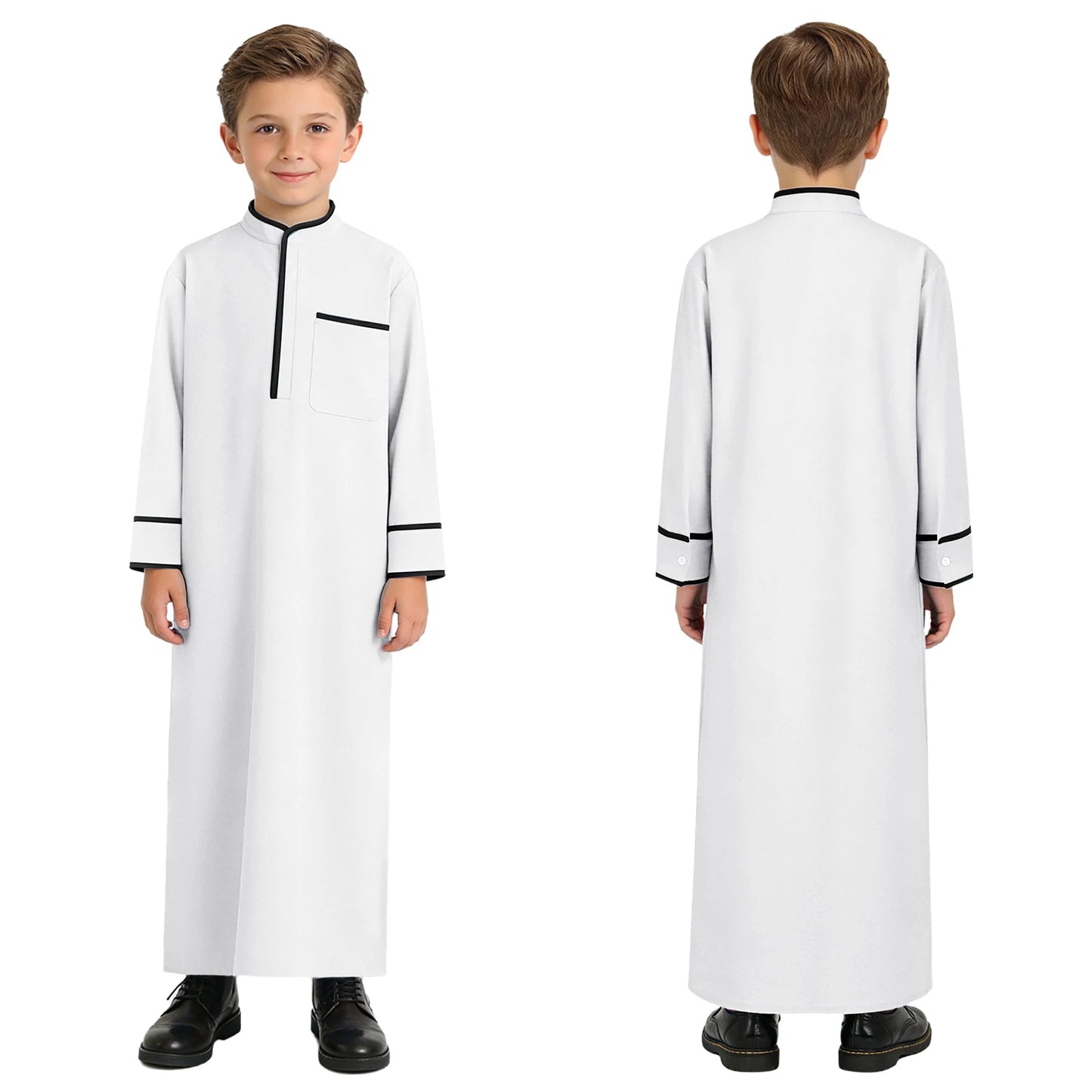 Kids Boys Muslim Thobe Arabic Middle East Loose Kaftan Long Sleeve Stand Collar Pocket Maxi Robe Casual Muslim Child Clothes