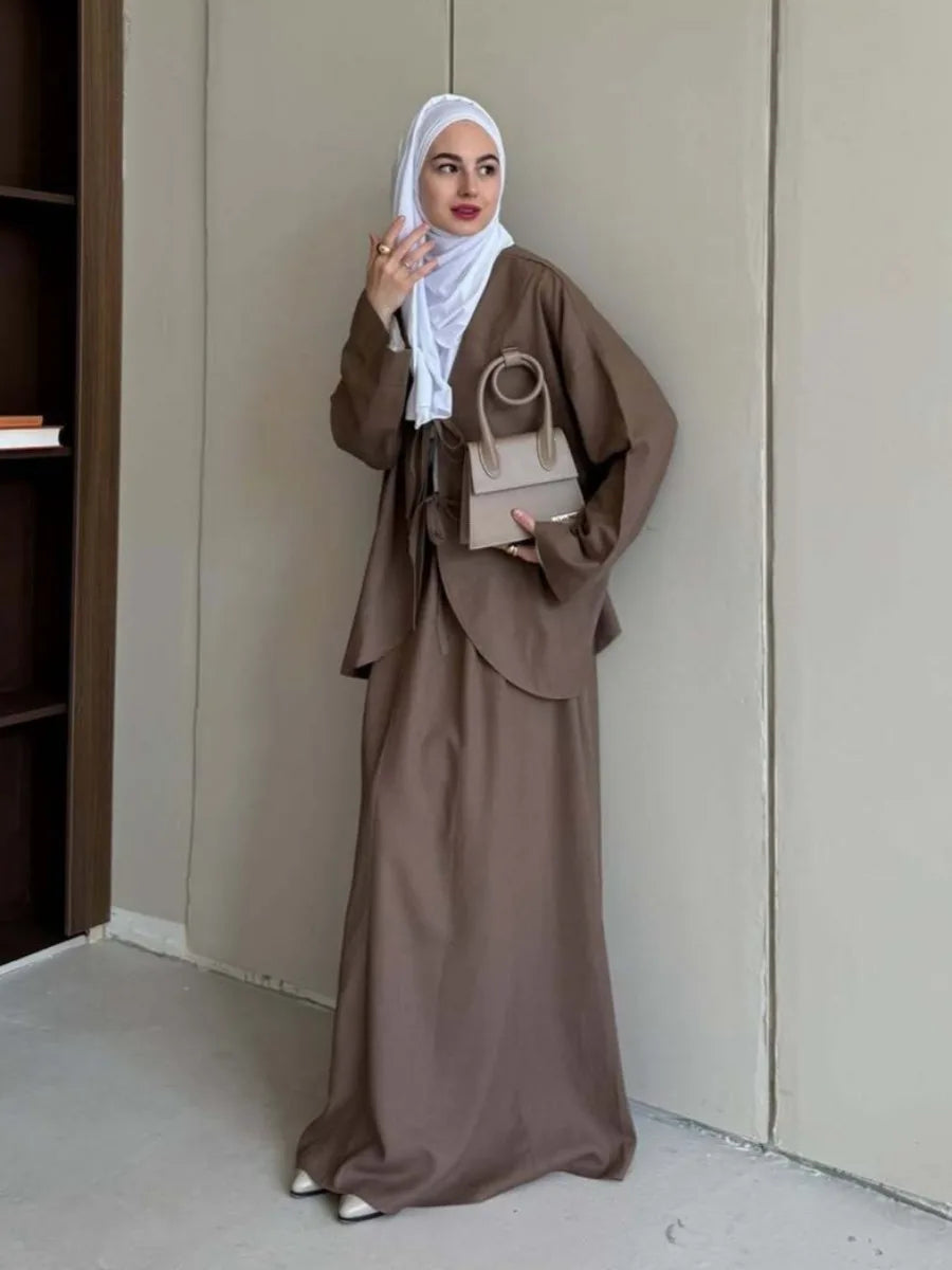Muslim Two Piece Set Women Lace-up Shirt Skirt Suits Ramadan Morocco Dubai Long Skirts Islam Outfits Jalabiya Musulman Ensemble