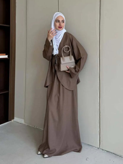 Muslim Two Piece Set Women Lace-up Shirt Skirt Suits Ramadan Morocco Dubai Long Skirts Islam Outfits Jalabiya Musulman Ensemble