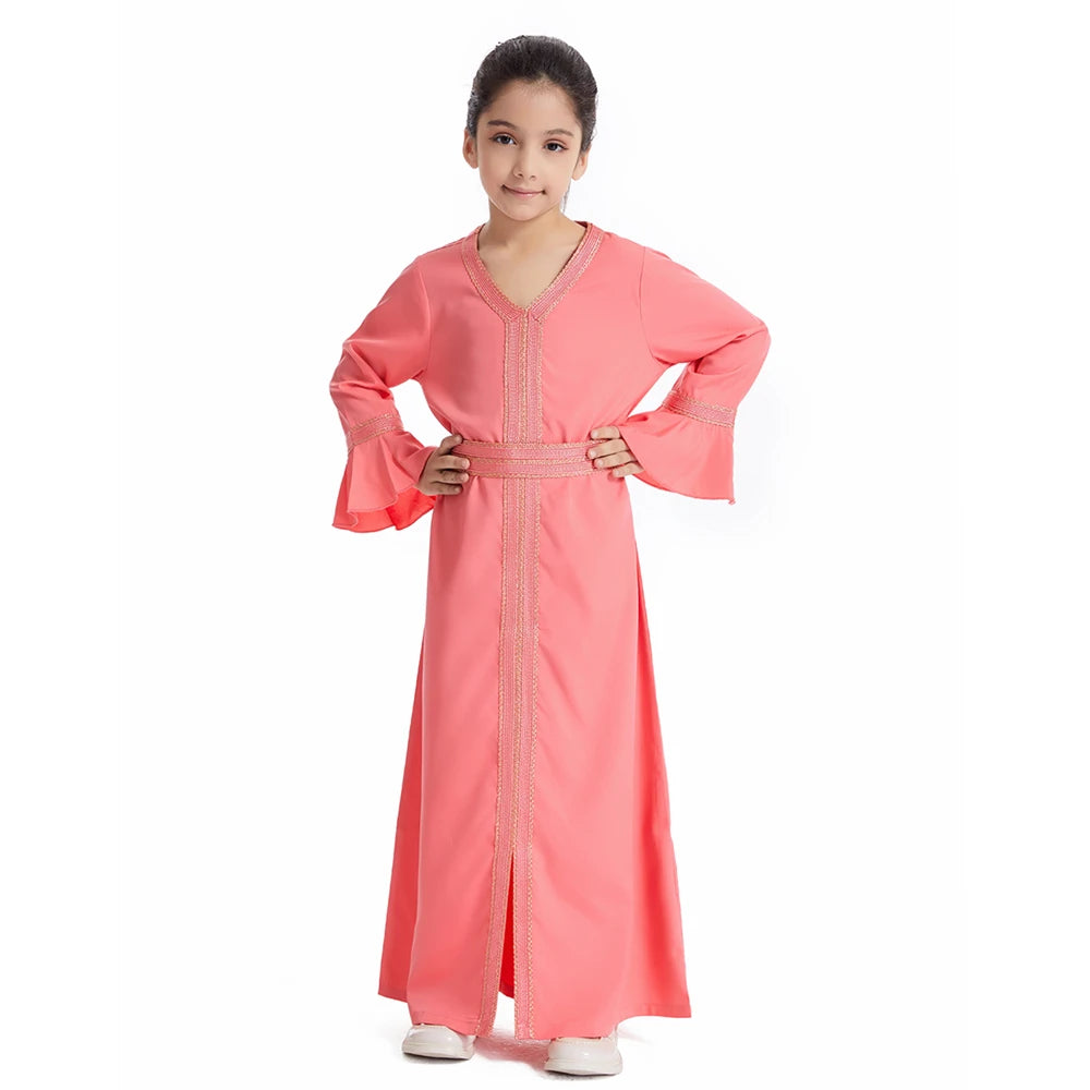 Muslim Kids Girls Maxi Dress Ramadan Eid Djellaba Dubai Abaya Turkey Kaftan Islamic Clothing Arabic Robe Children Prayer Gown