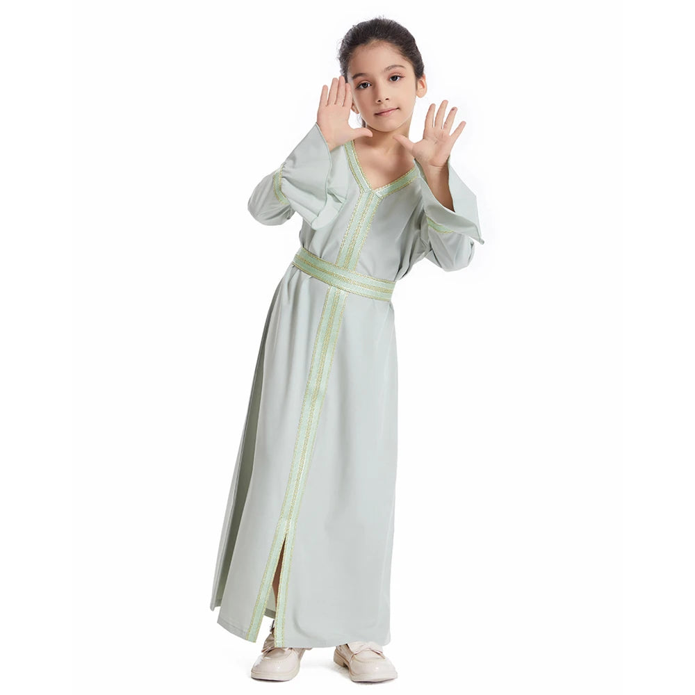 Muslim Kids Girls Maxi Dress Ramadan Eid Djellaba Dubai Abaya Turkey Kaftan Islamic Clothing Arabic Robe Children Prayer Gown