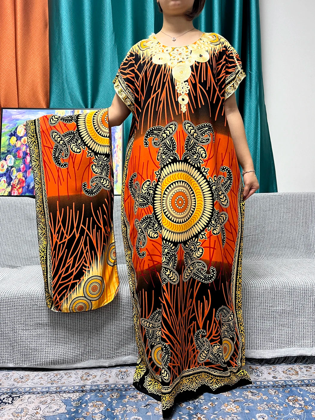 Abayas For Women 2024 New Print Appliques Cotton Traditional Kanga Clothing Loose Femme Robe African Ngeria Dresses With Turban