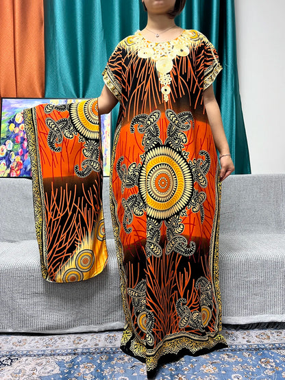 Abayas For Women 2024 New Print Appliques Cotton Traditional Kanga Clothing Loose Femme Robe African Ngeria Dresses With Turban