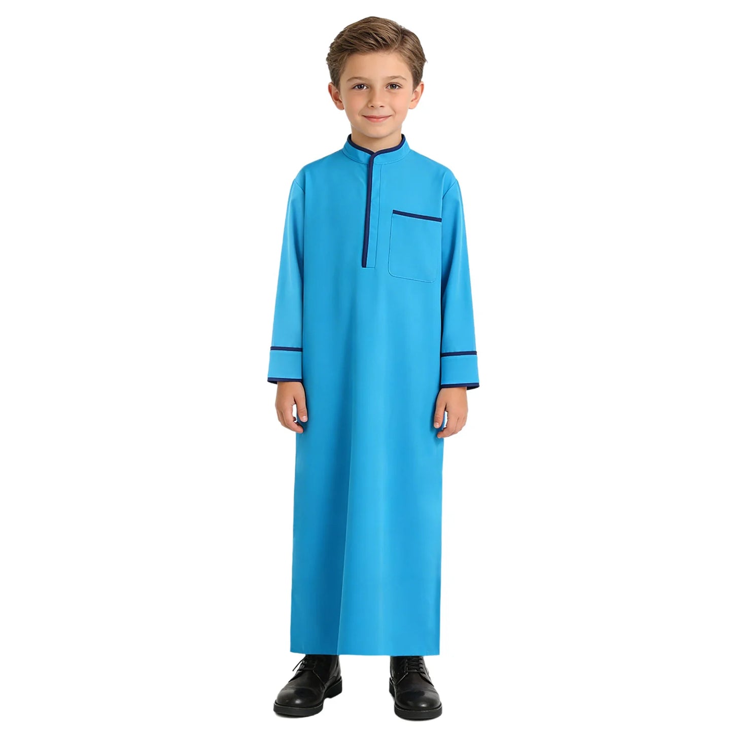 Kids Boys Muslim Thobe Arabic Middle East Loose Kaftan Long Sleeve Stand Collar Pocket Maxi Robe Casual Muslim Child Clothes