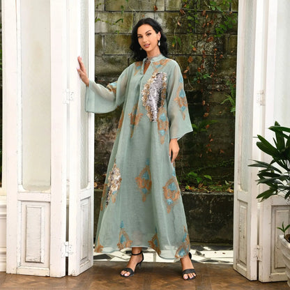 Kaftan Muslim Abaya Clothes for Muslim Women Summer Fashion Muslim Women Long Sleeve V-neck Sequin Long Maxi Dress Dubai Abaya