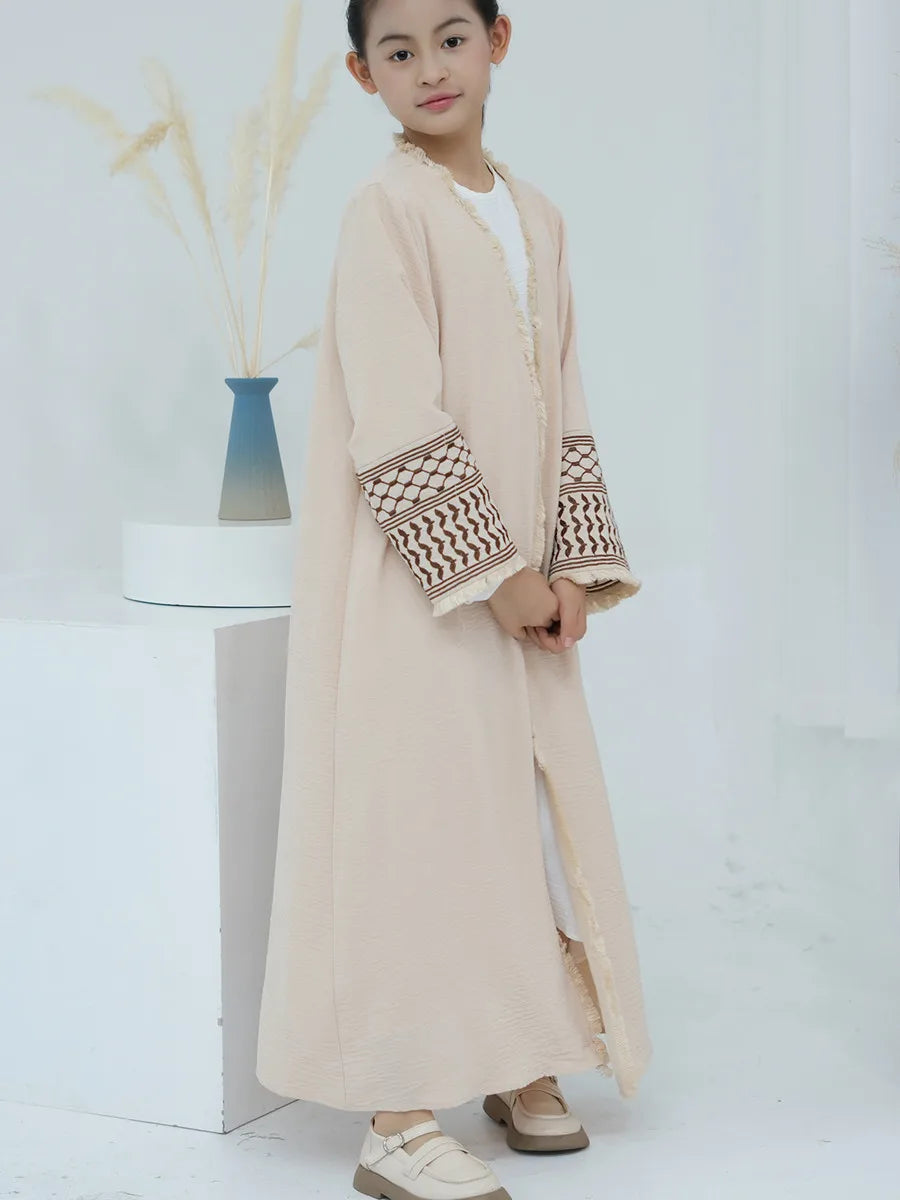 Muslim Kids girls Luxury Dubai Abaya Kimono Cardigan Embroidery tassels Long Dress Ramadan Robe Kaftan Femme Islam Clothing