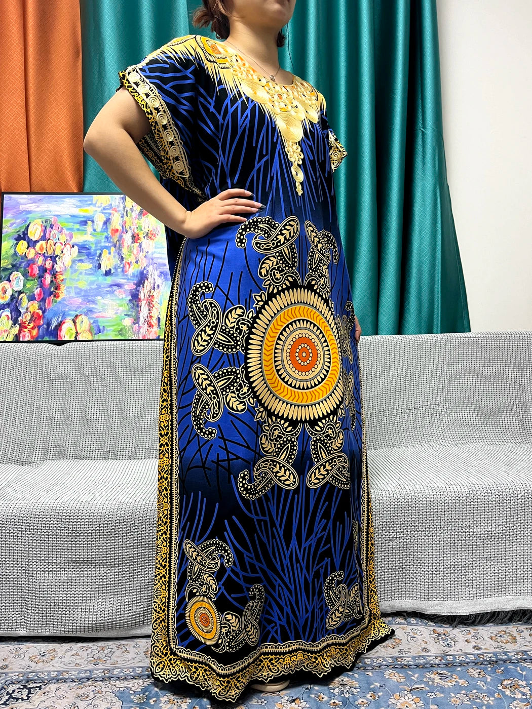 Abayas For Women 2024 New Print Appliques Cotton Traditional Kanga Clothing Loose Femme Robe African Ngeria Dresses With Turban