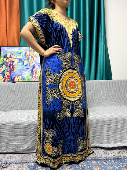 Abayas For Women 2024 New Print Appliques Cotton Traditional Kanga Clothing Loose Femme Robe African Ngeria Dresses With Turban