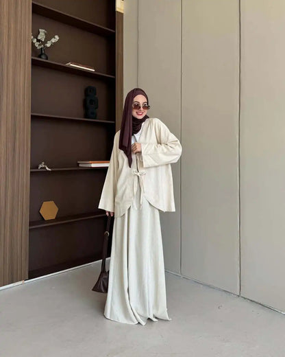 Muslim Two Piece Set Women Lace-up Shirt Skirt Suits Ramadan Morocco Dubai Long Skirts Islam Outfits Jalabiya Musulman Ensemble