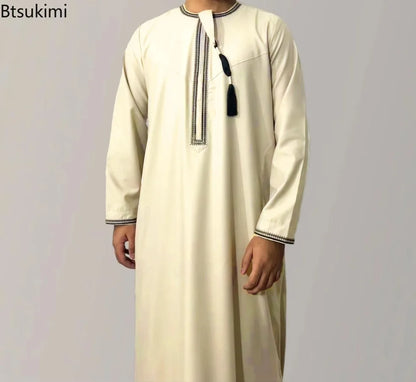 2026 Muslim Fashion Abaya for Men Long Sleeve O-neck Pullover Dress Robe Men Jubba Thobe Pakistan Kaftan Arabic Islamic Clothing